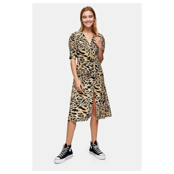 Topshop Leopard Print Mock Wrap Midi Dress Sz 4 - Picture 1 of 7